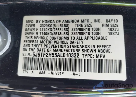 2010 Honda Accord Crosstour Ex-L z USA, uszkodzony, nr VIN 5J6TF2H55AL010332